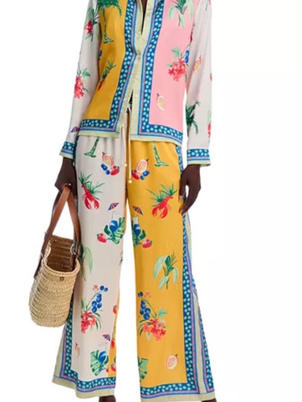 Aqua Two-Tone Floral Wide-Leg Pants and Button Down in Yellow, Cream & Pink